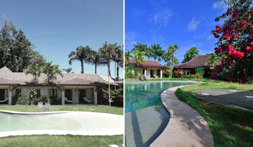 Garden pool view shot by the agent foolproof camera vs the same garden pool view by the architecture photographer.