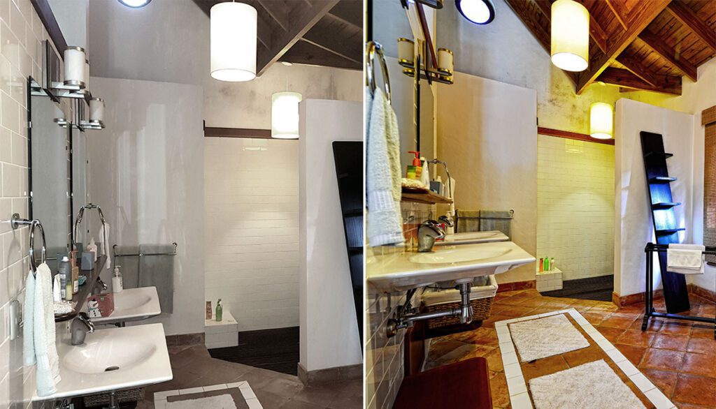 Bathroom shot by the agent foolproof camera vs the same bathroom by the architecture photographer.