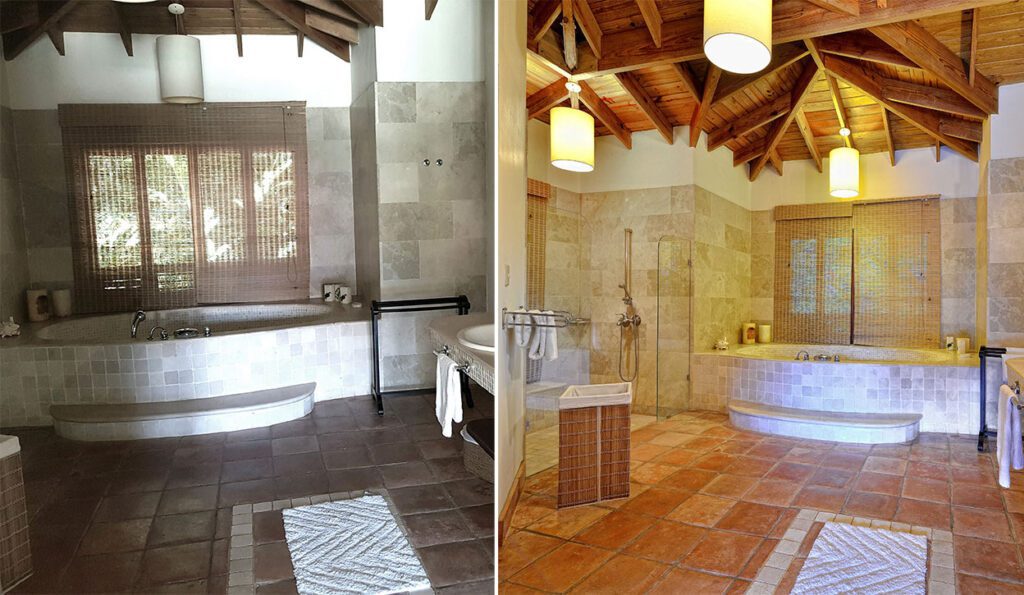 Bathroom shot by the agent foolproof camera vs the same bathroom by the architecture photographer.